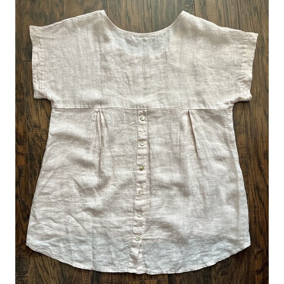 Terzo Millennio Top Large Beige 100% Linen Button Back Hi Low Hem Pullover Shirt - Picture 7 of 8